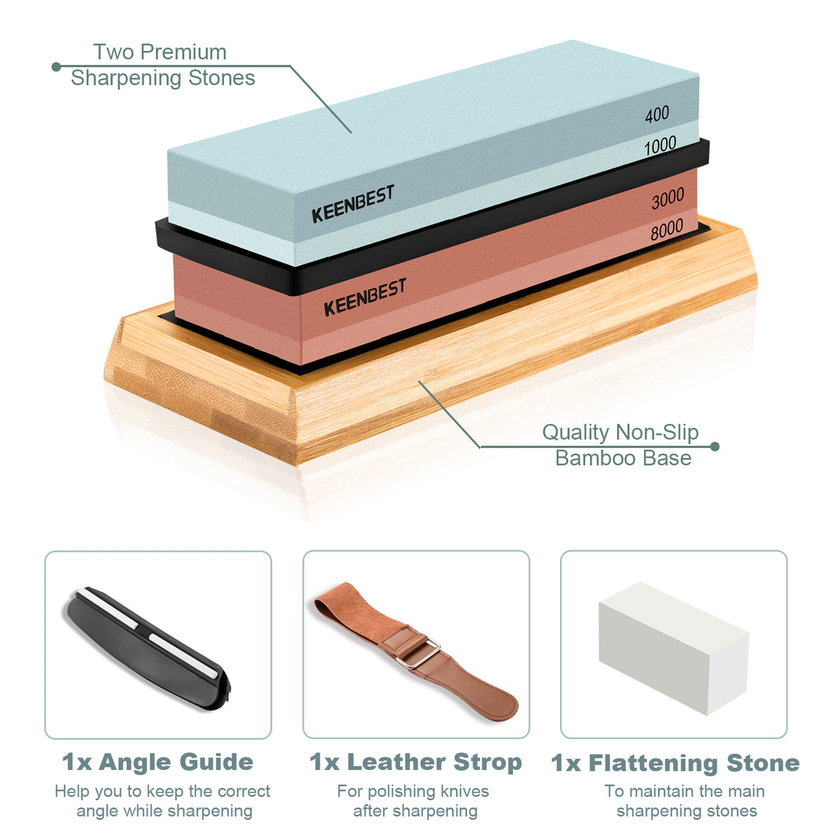 Knife Sharpening Stone Set – Dual Grit Whetstone 1000/6000 Premium  Whetstone Knife Sharpener with Leather Strop, Flattening Stone, Bamboo Base  