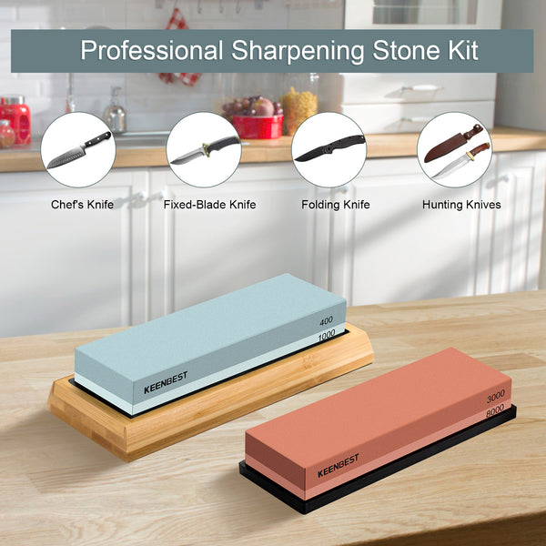 Sharpening Stone Whetstone Set 2 Side Grit 400/1000 3000/8000 KEENBEST Professional Kitchen Knife Sharpener Stone Kit, Best Wet Stones for Sharping Knives with Bamboo Basee and Leather Strop