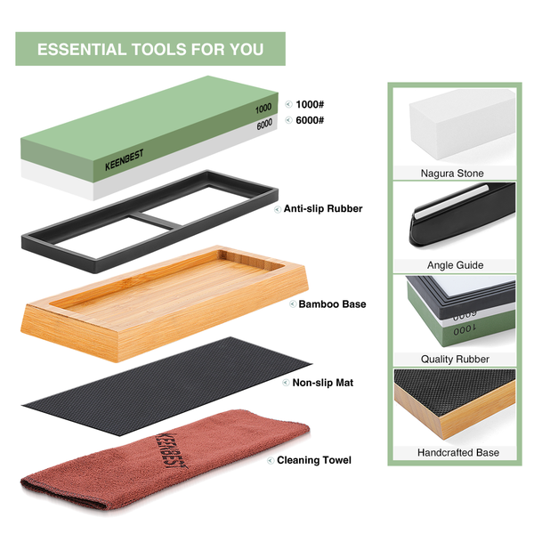 Whetstone 1000 6000 Grit Kitchen Knife Sharpening Stones 2 Side Water Wet Stone Sharpener Kit Japanese Wetstone Knives Sharpeners Waterstone Whet Stone Anti-slip Base Angle Guide User Guidebook