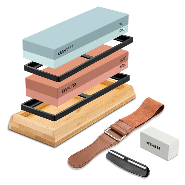 Sharpening Stone Whetstone Set 2 Side Grit 400/1000 3000/8000 KEENBEST Professional Kitchen Knife Sharpener Stone Kit, Best Wet Stones for Sharping Knives with Bamboo Basee and Leather Strop