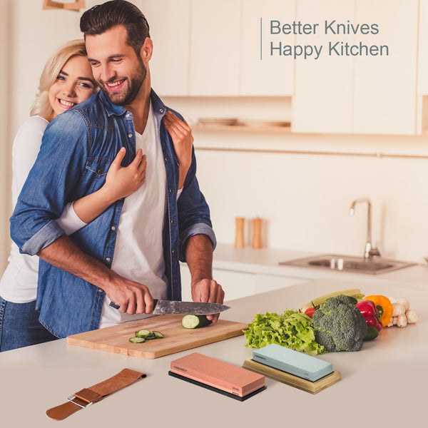 Sharpening Stone Whetstone Set 2 Side Grit 400/1000 3000/8000 KEENBEST Professional Kitchen Knife Sharpener Stone Kit, Best Wet Stones for Sharping Knives with Bamboo Basee and Leather Strop