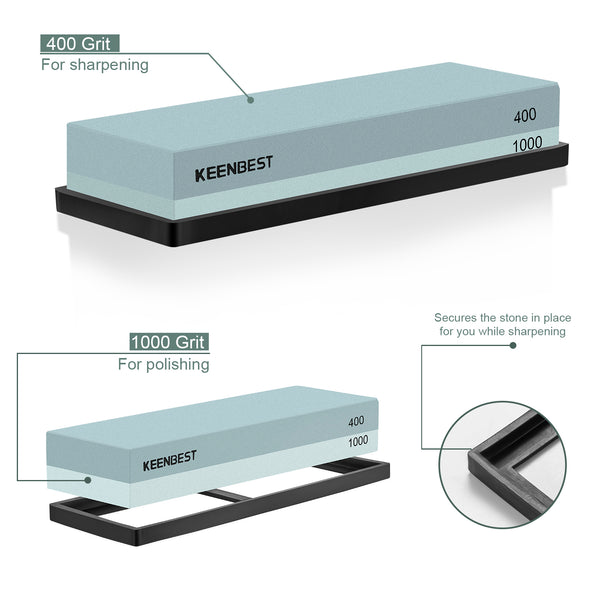 Sharpening Stone Whetstone Set 2 Side Grit 400/1000 KEENBEST Kitchen Knife Sharpener Stone, Best Wet Stones for Sharping Knives Best Kit with Non-Slip Rubber Base