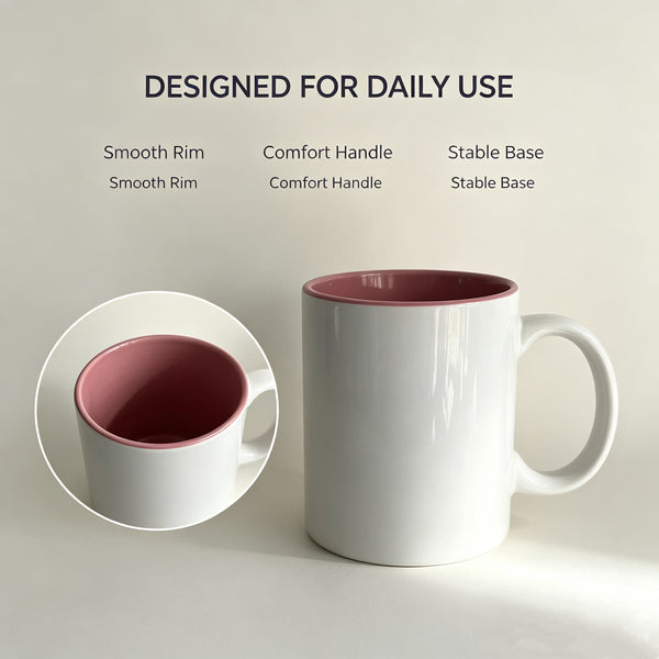 KEENBEST Minimalist Printed Ceramic Coffee Mug, White Outer Pink Interior Tea Cup with Comfort Handle, Food-Safe Dishwasher Microwave Safe Drinking Cup for Home Office Gift